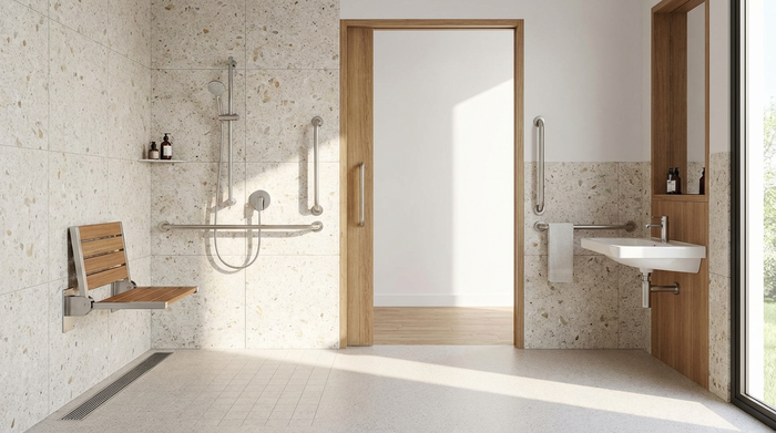 Ein helles, modern umgebautes, barrierefreies Badezimmer mit einer bodengleichen Dusche und einem klappbaren Duschsitz an der Wand. Stilvolle Fliesen, sauber und sicher. Keine Personen, fotorealistisch.