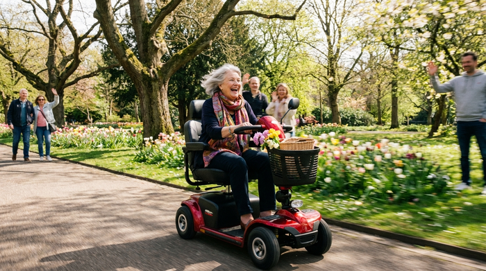 Eine glückliche ältere Dame fährt an einem sonnigen Nachmittag mit einem roten Elektromobil auf einem gepflasterten Weg durch einen grünen, blühenden Park. Lebensfreude, dynamisch und realistisch.