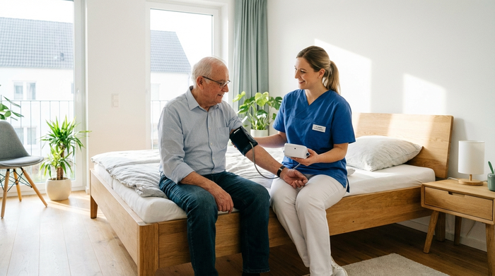 Eine professionelle Pflegekraft misst den Blutdruck eines älteren Herrn in einem hellen, aufgeräumten und modernen Schlafzimmer.