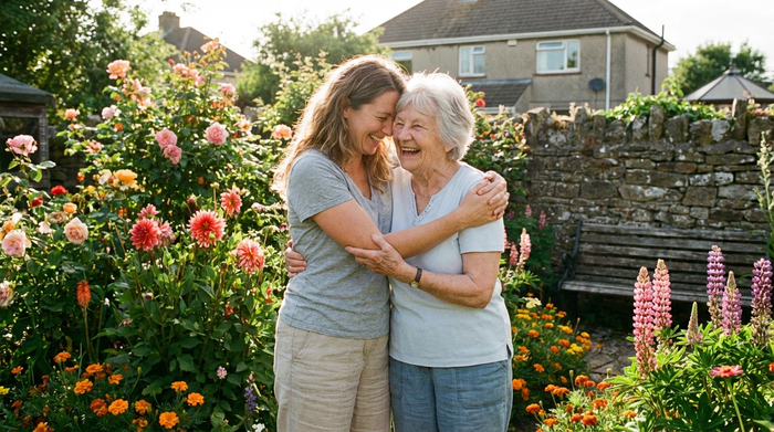 Eine erwachsene Tochter umarmt ihre ältere Mutter liebevoll im heimischen Garten bei strahlendem Sonnenschein und umgeben von bunten Blumen.