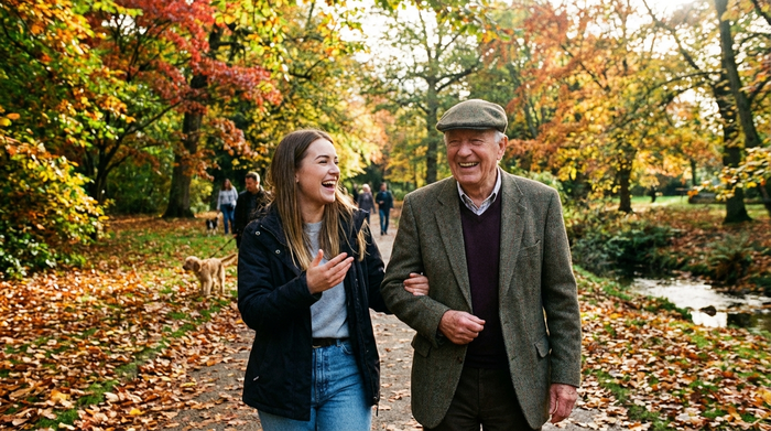 Eine junge, engagierte Alltagsbegleiterin und ein fröhlicher Senior spazieren gemeinsam durch einen grünen, herbstlichen Park.