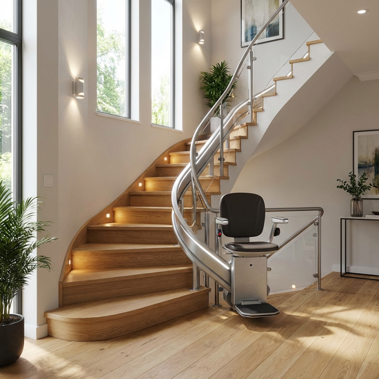 Ein moderner, gut ausgeleuchteter Treppenlift, der an einer eleganten Holztreppe in einem gepflegten Einfamilienhaus montiert ist.