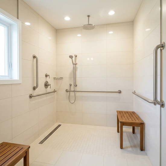 Eine saubere, offene und bodengleiche Dusche mit stabilen Haltegriffen in einem modernen, hell gefliesten Badezimmer.