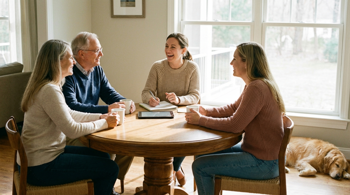 Eine Familie sitzt gemeinsam mit einer sympathischen Pflegedienstleitung an einem runden Holztisch. Sie besprechen bei einer Tasse Kaffee entspannt den Pflegeablauf. Die Szene ist hell, authentisch und zeigt ein harmonisches Miteinander.