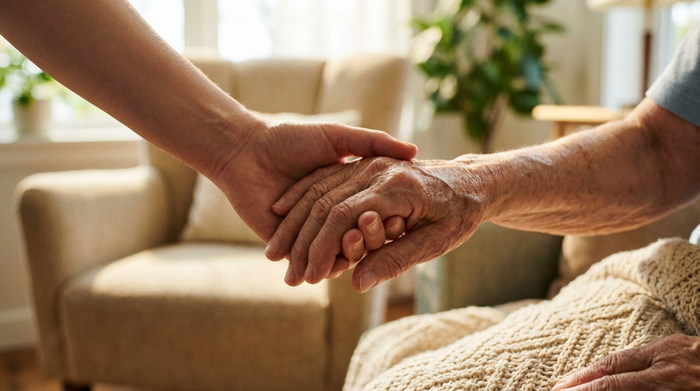 Eine Detailaufnahme von zwei Händen, die sich vertrauensvoll halten. Die junge Hand einer Pflegekraft umschließt sanft die faltige Hand eines Senioren. Im Hintergrund ein weichgezeichnetes, helles Zimmer, das Ruhe und Empathie vermittelt.