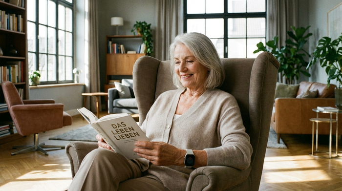 Eine ältere Dame sitzt entspannt in einem bequemen Sessel und liest ein Buch. An ihrem Handgelenk trägt sie einen unauffälligen, modernen Hausnotruf-Sender. Das Wohnzimmer im Hintergrund ist stilvoll und lichtdurchflutet.