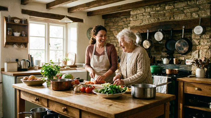 Eine herzliche Betreuungskraft und eine Seniorin kochen gemeinsam in einer rustikalen Küche. Sie schneiden frisches Gemüse und lachen. Entspannte, familiäre Stimmung, sauberes Umfeld, realistische Fotografie.