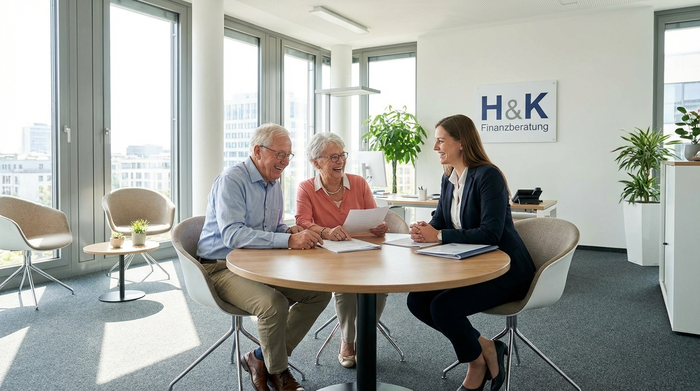 Ein älteres Ehepaar sitzt mit einer freundlichen Beraterin an einem runden Holztisch in einem modernen Büro. Sie besprechen Dokumente und lächeln erleichtert. Professionelles Umfeld, helle Beleuchtung.