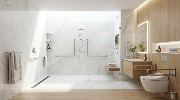 Ein modernes, barrierefreies Badezimmer mit einer großzügigen, bodengleichen Dusche, dezenten Haltegriffen und einem stilvollen, hellen Design. Hell, sauber, sicher und luxuriös wirkend.