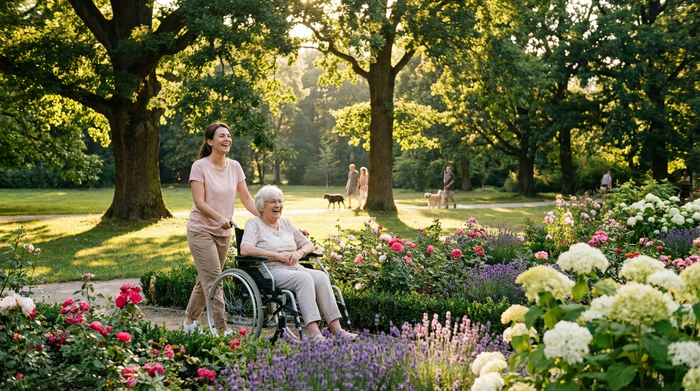 Ein harmonischer Spaziergang in einem grünen Park an einem sonnigen Tag. Eine Seniorin im Rollstuhl wird von einer lächelnden Betreuerin geschoben, umgeben von alten Bäumen und bunten Blumen.