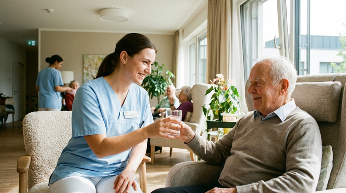 Eine einfühlsame Pflegekraft in heller Berufskleidung reicht einem lächelnden Senior ein Glas Wasser. Freundliche, professionelle Pflegeumgebung, helles Zimmer, realistische Fotografie.
