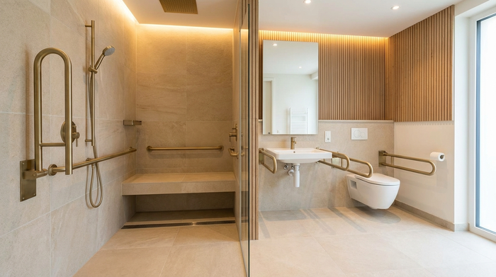 Ein modernes, barrierefreies Badezimmer mit einer geräumigen, ebenerdigen Dusche und stabilen Haltegriffen. Sauber, gut beleuchtet, stilvolles Design, realistische Darstellung ohne Text.