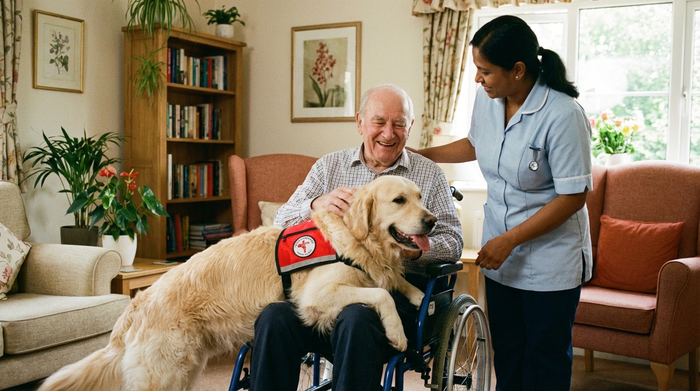 Ein flauschiger Therapiehund liegt entspannt auf dem Schoß eines lächelnden älteren Herrn im Rollstuhl. Eine Pflegekraft steht unterstützend daneben in einem gemütlichen Raum.