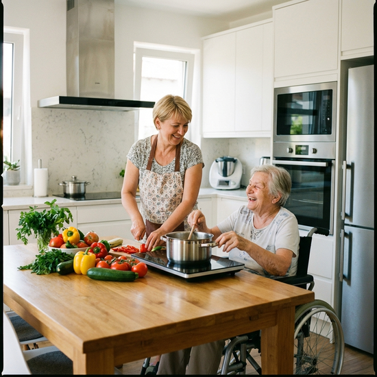Eine freundliche osteuropäische Betreuungskraft kocht gemeinsam mit einer älteren Frau in einer modernen, sauberen Privatküche. Frisches Gemüse liegt auf dem Tisch.
