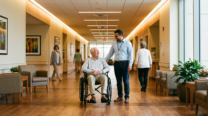 Ein moderner Krankenhausflur mit warmem Licht. Ein älterer Herr sitzt im Rollstuhl und spricht lächelnd mit einem Sozialarbeiter in einem hellblauen Hemd. Friedliche und unterstützende Atmosphäre.