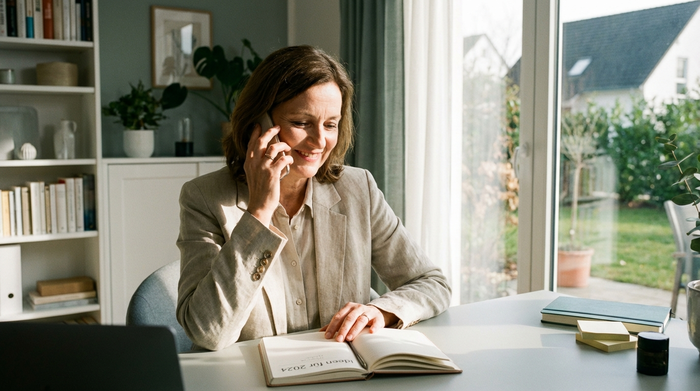 Eine fokussierte Frau mittleren Alters sitzt an einem aufgeräumten Schreibtisch zu Hause und telefoniert freundlich. Vor ihr liegt ein Notizbuch. Helles Tageslicht, professionelle und ruhige Stimmung.