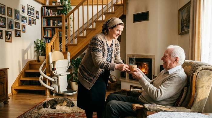 Ein gemütliches Wohnzimmer. Eine osteuropäische Betreuungskraft reicht einem lächelnden Senior eine Tasse Tee. Im Hintergrund ist ein moderner Treppenlift an der Treppe zu erkennen. Harmonische, häusliche Szene.
