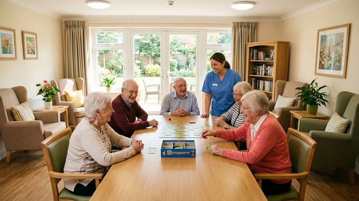 Ein heller, freundlicher Aufenthaltsraum in einer Seniorenresidenz. Mehrere Senioren sitzen an einem großen Holztisch und spielen gemeinsam ein Brettspiel. Eine Pflegekraft schaut fröhlich zu. Gemütliche, saubere Umgebung.