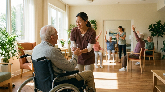 Eine liebevolle Pflegekraft reicht einem älteren Herrn im Rollstuhl ein Glas Wasser in einem sonnigen, barrierefreien Aufenthaltsraum. Im Hintergrund sind weitere Senioren bei einer leichten Sitzgymnastik zu sehen.