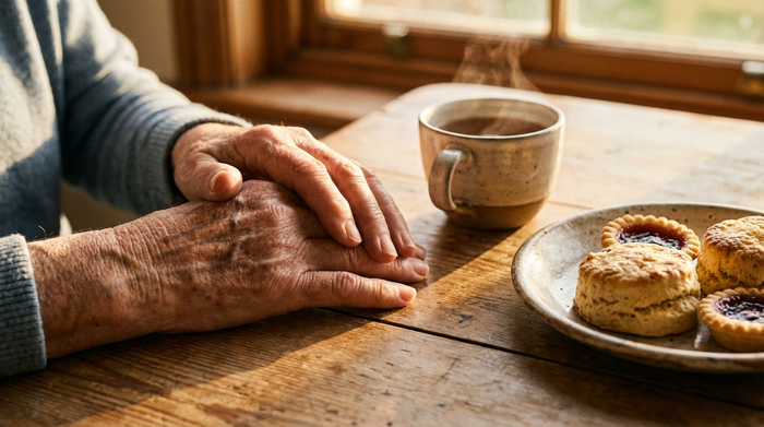 Eine detaillierte Nahaufnahme von älteren Händen, die sanft auf einem Holztisch ruhen. Daneben stehen eine stilvolle Tasse Tee und ein Teller mit frischem Gebäck in einer warmen Lichtstimmung.
