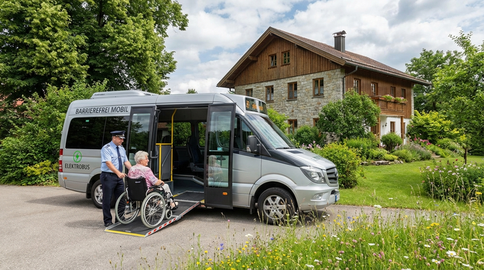 Ein moderner, barrierefreier Kleinbus mit ausgefahrener Rampe steht vor einem gepflegten Einfamilienhaus im Grünen. Ein freundlicher Fahrer hilft einer lächelnden Seniorin sicher beim Einstieg.