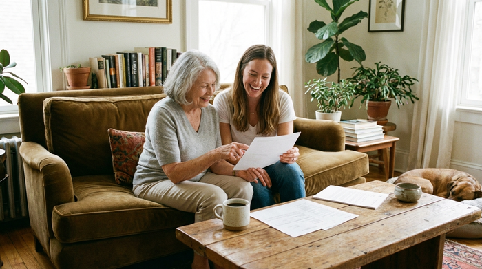 Eine ältere Dame und ihre erwachsene Tochter sitzen entspannt auf einem gemütlichen Sofa im Wohnzimmer und besprechen lächelnd Dokumente. Eine Tasse Kaffee steht auf dem Wohnzimmertisch.
