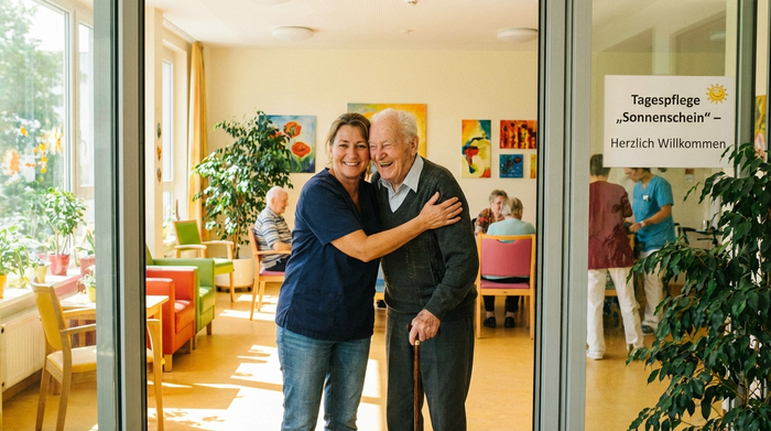 Eine einfühlsame Pflegekraft begrüßt einen ankommenden Senior herzlich am Eingang einer hellen, freundlich eingerichteten Tagespflegeeinrichtung.