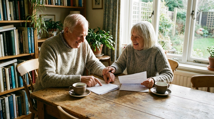 Ein älteres Ehepaar sitzt entspannt an einem Holztisch und bespricht lächelnd Dokumente, während eine Tasse Kaffee auf dem Tisch steht.