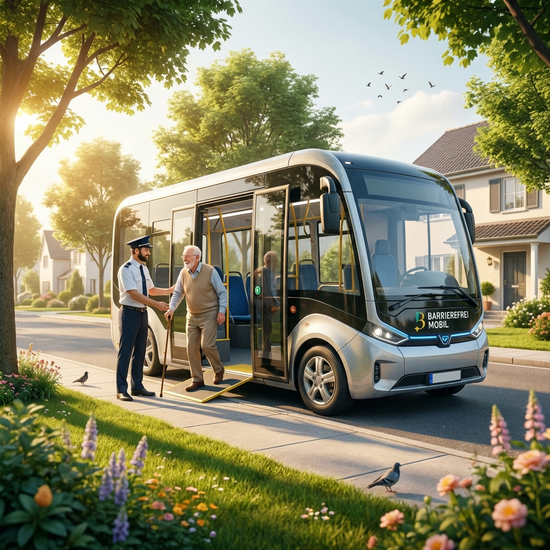 Ein moderner, barrierefreier Kleinbus steht an einer gepflegten Straße in einem Wohngebiet an einem sonnigen Morgen. Ein freundlicher Fahrer hilft einem lächelnden älteren Herrn behutsam beim Einsteigen.