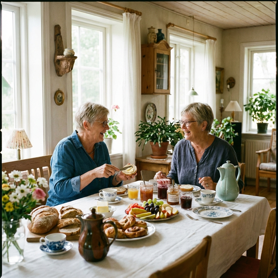 Ein liebevoll gedeckter Frühstückstisch mit frischen Brötchen, Obst und Kaffeekannen in einem hellen Raum. Zwei ältere Damen sitzen nebeneinander, unterhalten sich angeregt und streichen Butter auf ihr Gebäck.