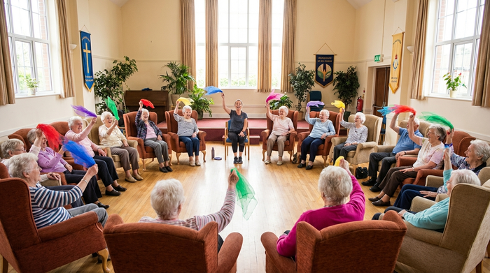 Eine Gruppe von Senioren sitzt im Kreis auf bequemen Stühlen in einem großen, hellen Saal und macht leichte Gymnastikübungen mit bunten Tüchern. Eine motivierte Betreuerin macht die Bewegungen im Zentrum des Kreises vor.