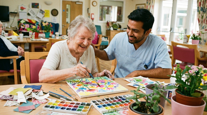 Eine ältere Frau malt mit Wasserfarben ein farbenfrohes Bild auf einer kleinen Leinwand. Neben ihr sitzt ein lächelnder Pfleger, der ihr aufmerksam und unterstützend zuschaut. Der Tisch ist mit verschiedenen Bastelmaterialien dekoriert.