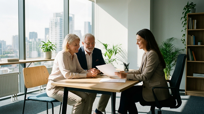 Ein älteres Ehepaar sitzt gemeinsam mit einer freundlichen Beraterin an einem aufgeräumten Schreibtisch in einem modernen Büro. Sie betrachten entspannt und lächelnd einige Dokumente. Die Atmosphäre ist vertrauensvoll und professionell.