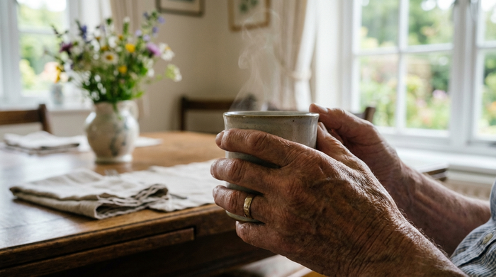 Eine detaillierte Nahaufnahme von älteren Händen, die entspannt eine Tasse Kaffee halten, während im unscharfen Hintergrund ein ordentliches, blitzsauberes Esszimmer zu sehen ist. Ruhige und friedliche Atmosphäre.