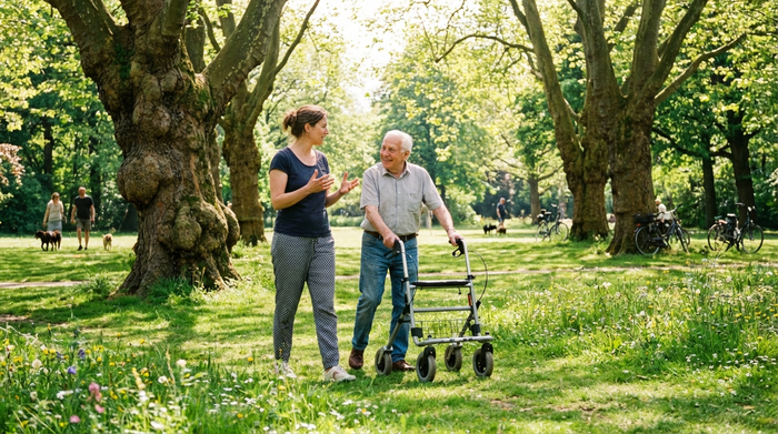 Eine freundliche Alltagsbegleiterin spaziert gemeinsam mit einem lächelnden Senior, der sich auf einen Rollator stützt, durch einen sonnigen, grünen Park mit alten Bäumen. Beide unterhalten sich angeregt.