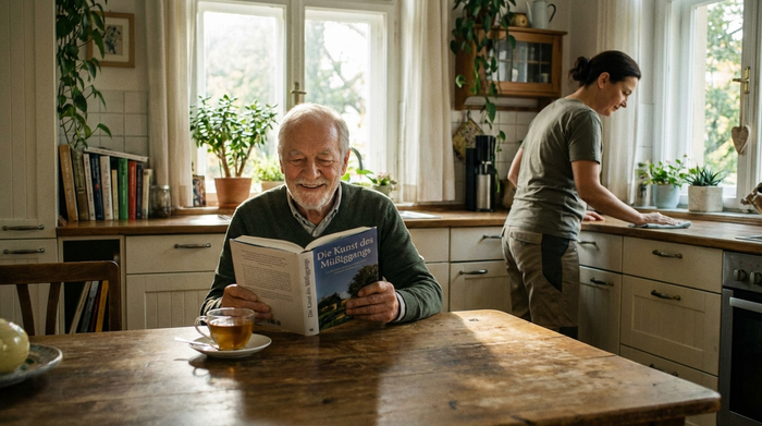 Ein älterer Herr sitzt entspannt am Küchentisch und liest zufrieden ein Buch, während im Hintergrund eine Reinigungskraft unauffällig die Küchenzeile wischt. Alles wirkt sehr harmonisch und stressfrei.