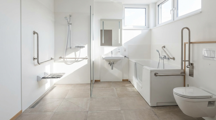 Ein modernes, helles und barrierefreies Badezimmer mit einer bodengleichen Dusche und stabilen Haltegriffen an den Wänden. Alles ist blitzsauber und strahlt Sicherheit und hohen Komfort aus.