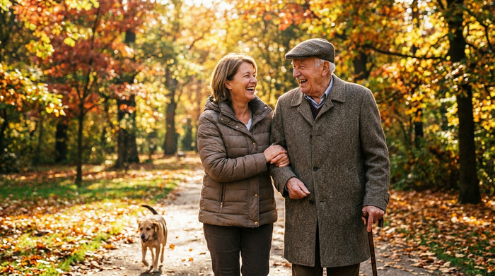 Eine einfühlsame Alltagsbegleiterin stützt einen älteren Herrn beim gemeinsamen, gemütlichen Spaziergang durch einen grünen Park an einem sonnigen Herbsttag. Beide lachen herzlich miteinander.