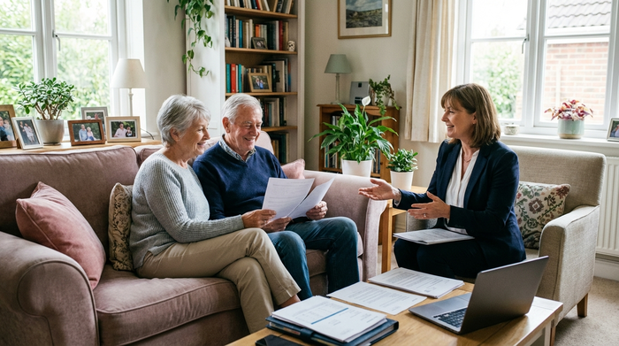 Ein älteres Ehepaar sitzt entspannt auf einem bequemen Sofa und bespricht mit einer freundlichen Beraterin wichtige Dokumente. Die Atmosphäre ist ruhig, vertrauensvoll und gut organisiert im eigenen Wohnzimmer.
