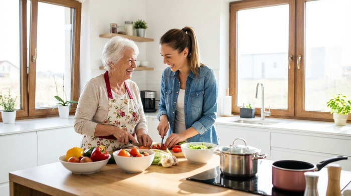 Zwei Menschen, eine ältere Dame und eine jüngere Betreuerin, kochen gemeinsam in einer sauberen, modernen Küche. Sie schneiden frisches Gemüse und haben sichtlich Freude an der gemeinsamen Aktivität.