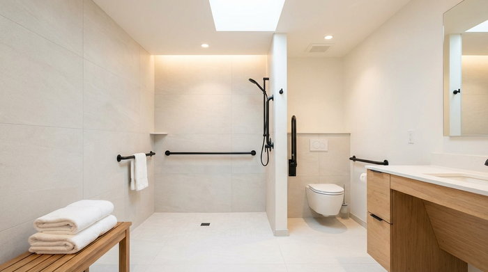 Ein helles, makellos sauberes und barrierefreies Badezimmer mit modernen Haltegriffen und einer bodengleichen Dusche. Frische Handtücher liegen bereit, weiches Licht sorgt für eine sichere und angenehme Atmosphäre.