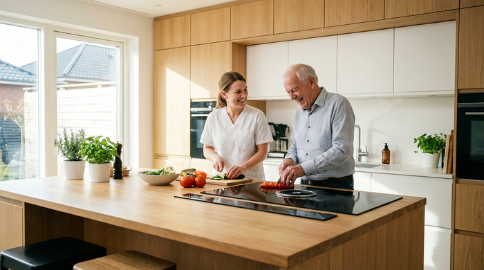 Eine fürsorgliche Pflegekraft hilft einem älteren Herrn beim Kochen in einer sauberen, modernen Küche. Beide schneiden frisches Gemüse und lachen miteinander. Helles Tageslicht, realistische Alltagssituation.