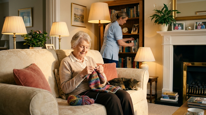 Eine ältere Dame sitzt entspannt auf dem Sofa und strickt, während im Hintergrund eine Betreuungskraft leise das Wohnzimmer aufräumt. Ruhige, sichere Umgebung mit warmem Licht.