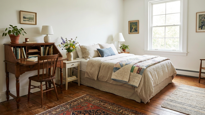 Ein liebevoll eingerichtetes, helles Gästezimmer mit einem gemütlichen Bett, einem kleinen Schreibtisch und frischen Blumen auf dem Nachttisch. Einladend, sauber und wohnlich.