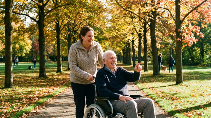 Ein fröhlicher Spaziergang im Park: Eine Pflegekraft schiebt behutsam einen Senior im Rollstuhl durch eine herbstliche Allee. Sonniges Wetter, entspannte Stimmung, grüne Bäume im Hintergrund.