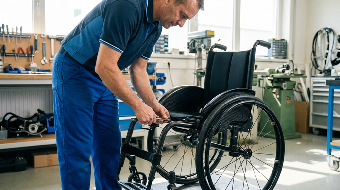 Ein Orthopädietechniker in sauberer Arbeitskleidung passt einen modernen Leichtgewichtrollstuhl an. Helle Werkstatt im Hintergrund, fokussierte Arbeit, realistische und professionelle Umgebung ohne störenden Text.