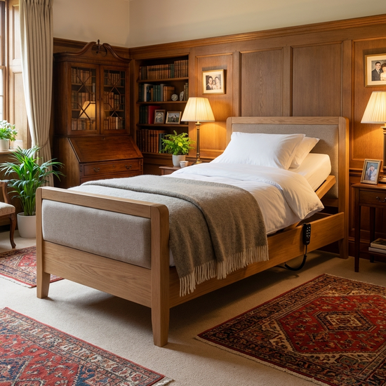 Ein komfortables, elektrisches Pflegebett in einem gemütlich eingerichteten Schlafzimmer. Warme Holztöne, ordentliche weiße Bettwäsche, einladende und sichere Umgebung ohne medizinisch-kalte Atmosphäre.