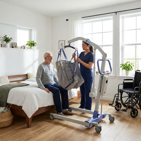 Ein moderner elektrischer Patientenlifter steht neben einem Bett, bereit für den sicheren Transfer. Helles Zimmer, aufgeräumt, realistische Pflegesituation im häuslichen Umfeld.