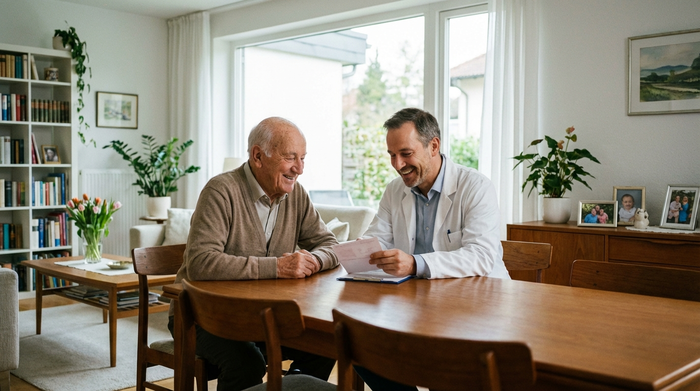 Ein älterer Herr sitzt am Esstisch und bespricht entspannt ein ärztliches Rezept mit seinem Hausarzt, der einen weißen Kittel trägt. Helles Tageslicht, vertrauensvolle Stimmung, sauberes Wohnzimmer.