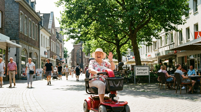 Eine lachende Seniorin fährt mit ihrem roten Elektromobil durch eine sonnige Fußgängerzone in Ratingen. Grüne Bäume im Hintergrund, aktive Teilhabe am Leben, realistische Straßenszene im Sommer.